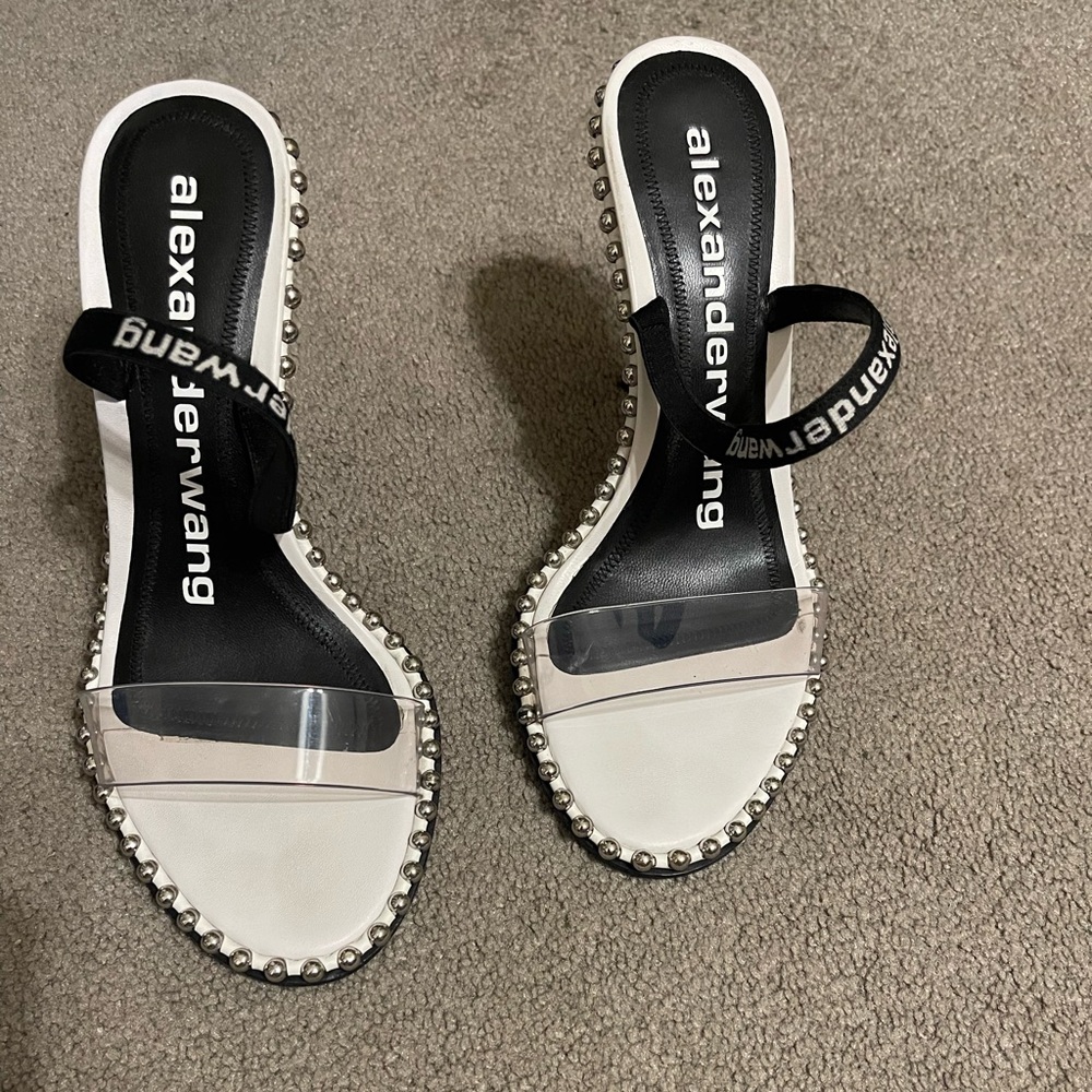 Alexander Wang White and Black Studded Clear-Band Heels